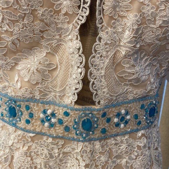 Stunning Ivory Lace & Blue Embellishments Formal Evening Gown… - Picture 7 of 15